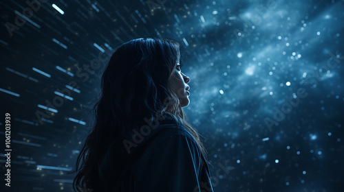 Women looking up to space and the stars at night
