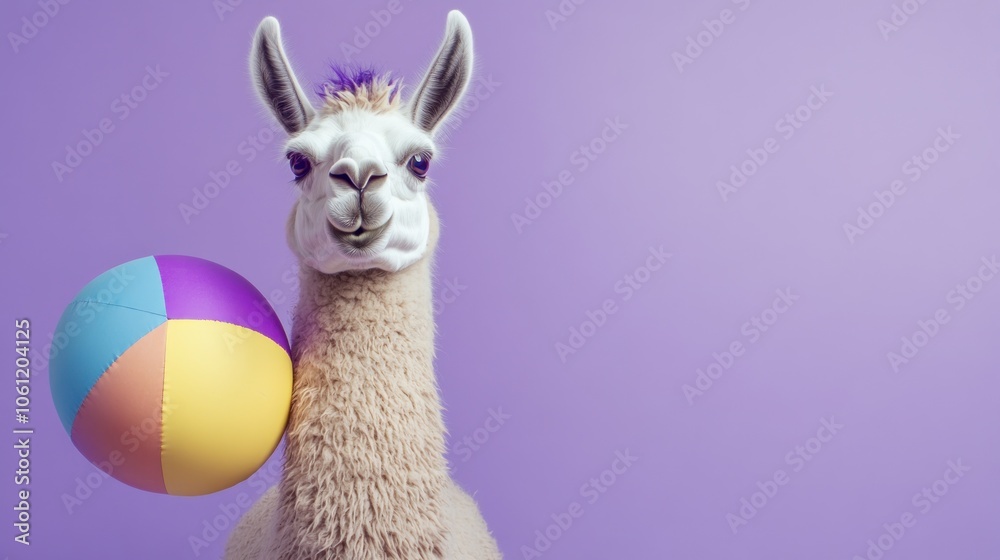 Naklejka premium A cheerful llama poses with a colorful beach ball against a purple backdrop.