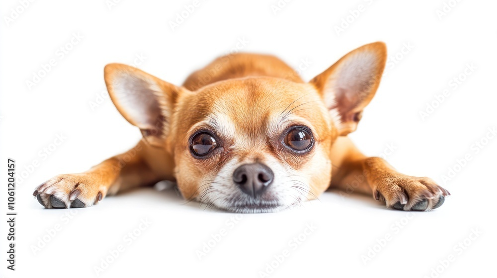 A relaxed Chihuahua lying down with a calm expression. A relaxed Chihuahua lying down with a calm expression.