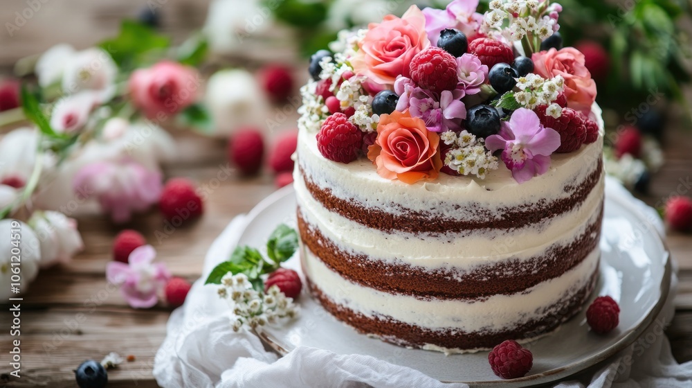 A beautifully decorated cake adorned with flowers and berries, perfect for celebrations. A beautifully decorated cake adorned with flowers and berries, perfect for celebrations.