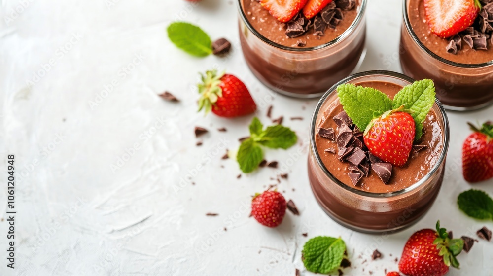 Three chocolate desserts topped with strawberries and mint leaves on a light background. Three chocolate desserts topped with strawberries and mint leaves on a light background.