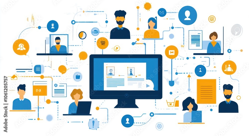 Digital networking illustration with people, devices, and data connections. Digital networking illustration with people, devices, and data connections.