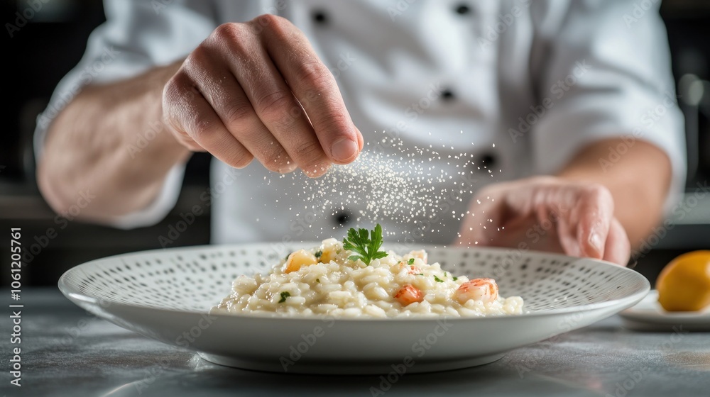A chef sprinkles seasoning over a plate of risotto, enhancing its presentation. A chef sprinkles seasoning over a plate of risotto, enhancing its presentation.