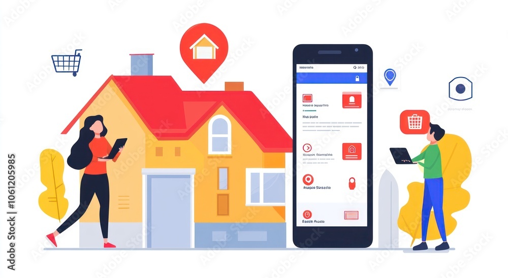 Illustration of a smart home concept with people using mobile devices. Illustration of a smart home concept with people using mobile devices.