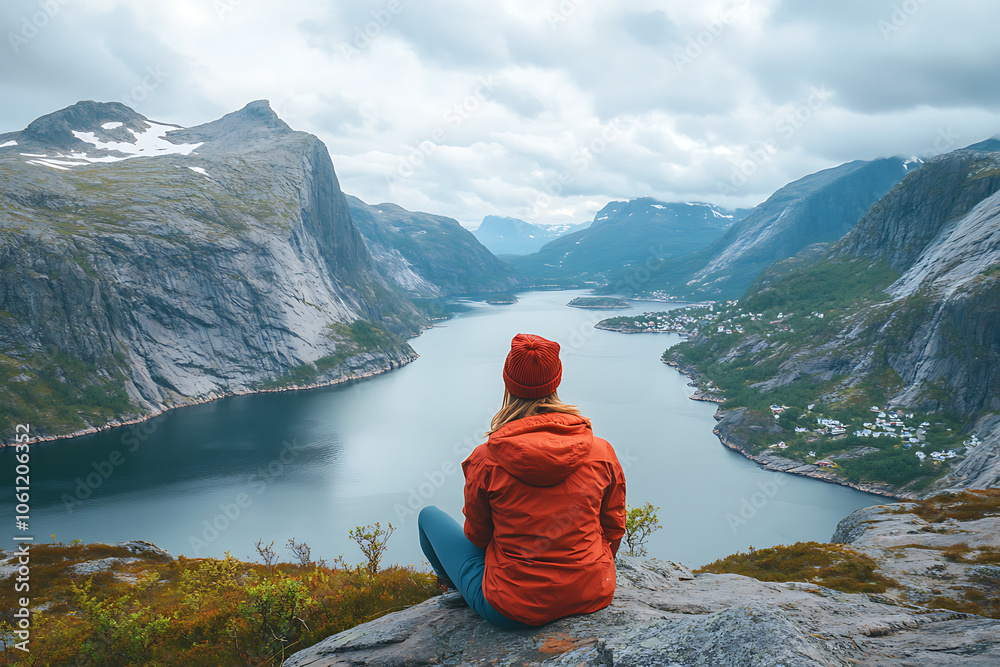 Woman relaxing alone travel in Norway adventure vacations healthy lifestyle backpacking Vesteralen landscape Woman relaxing alone travel in Norway adventure vacations healthy lifestyle backpacking Vesteralen landscape