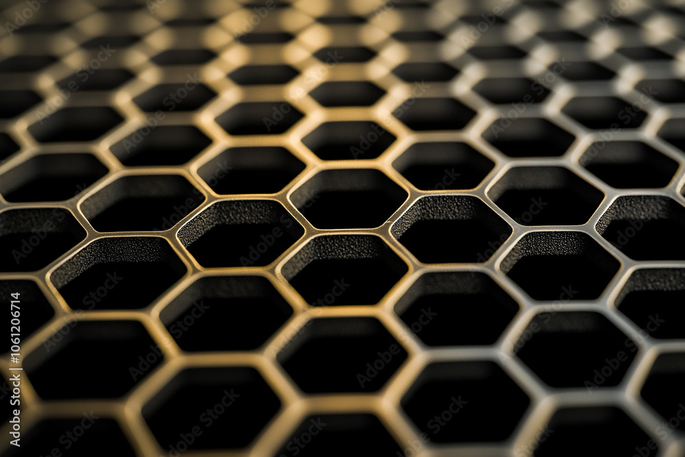 A simple hexagon grid with glowing edges and soft shadows in a dark, sleek background A simple hexagon grid with glowing edges and soft shadows in a dark, sleek background