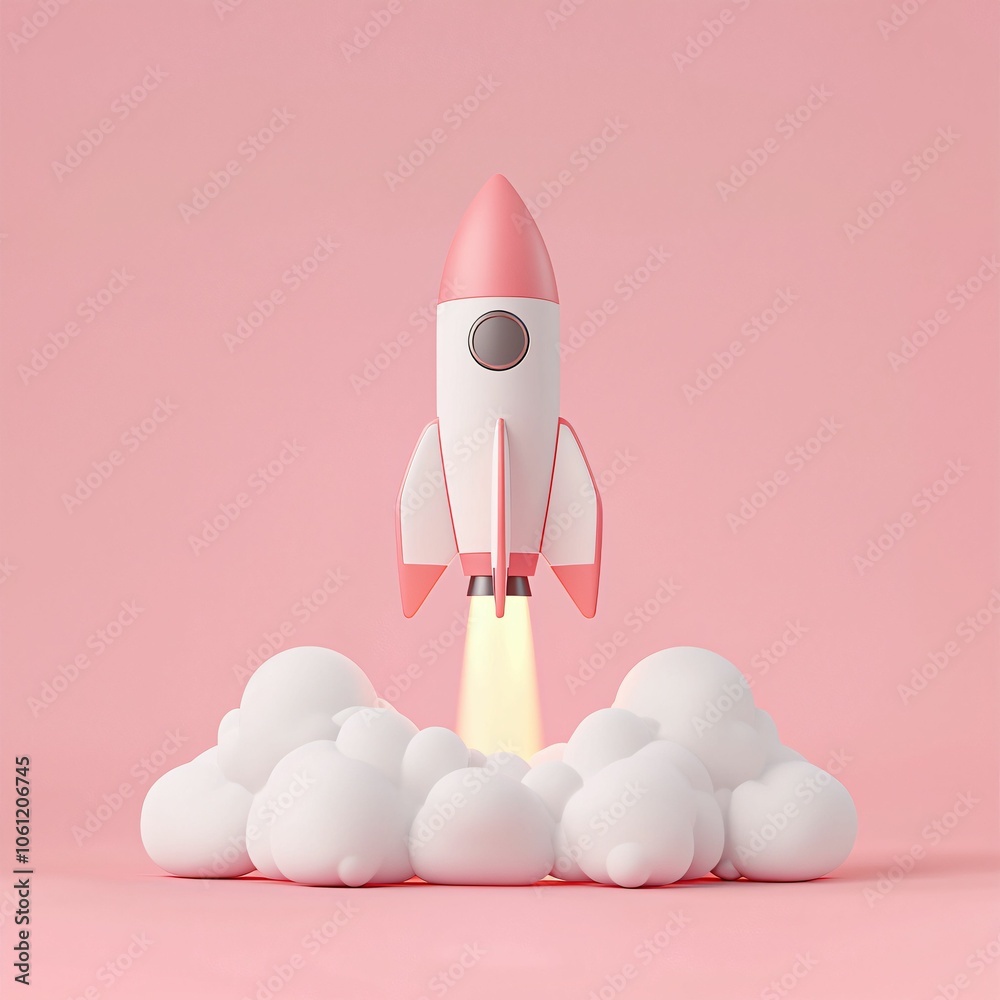 A pink rocket launches from fluffy clouds against a soft pink background, symbolizing adventure and creativity. A pink rocket launches from fluffy clouds against a soft pink background, symbolizing adventure and creativity.