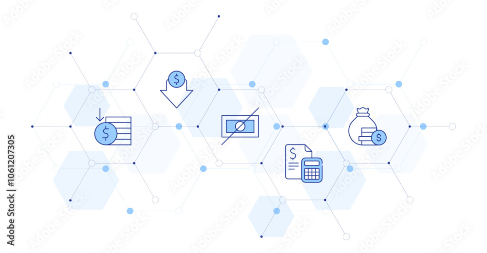 Money Banner Vector Illustration with Icon Style in Between. Line Duotone icon. Containing monitor, no, calculator, money, low price Money Banner Vector Illustration with Icon Style in Between. Line Duotone icon. Containing monitor, no, calculator, money, low price