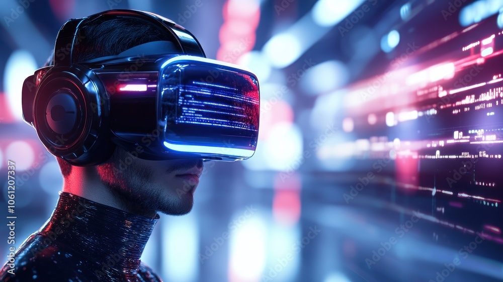 A person wearing a futuristic VR headset, immersed in a digital environment.