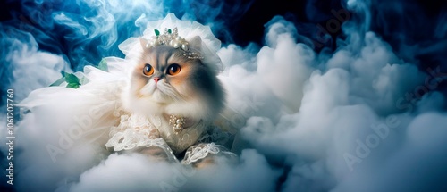 Funny fluffy cat in a white wedding dress, sitting in the smoke