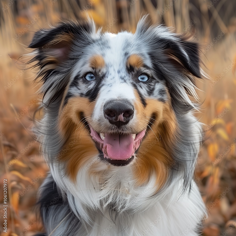 A happy blue-eyed Australian Shepherd with a black, white, and brown coat smiles at the camera. A happy blue-eyed Australian Shepherd with a black, white, and brown coat smiles at the camera.