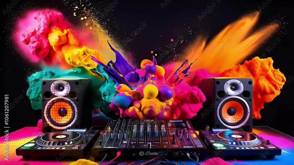 Colorful paint splatters surrounding a DJ mixer, speakers, and turntables.