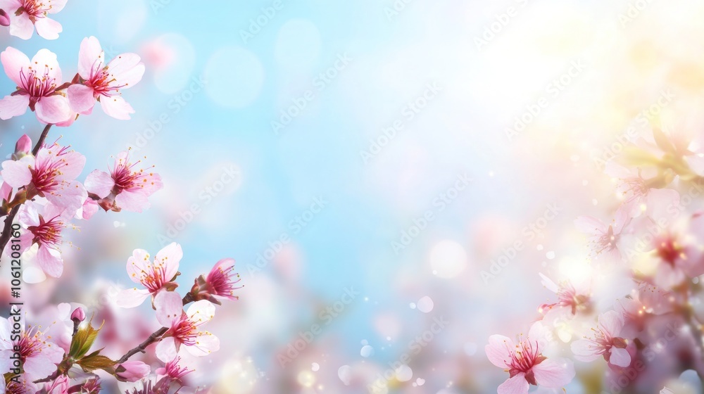 A serene background featuring cherry blossoms against a soft blue sky with light bokeh effects. A serene background featuring cherry blossoms against a soft blue sky with light bokeh effects.