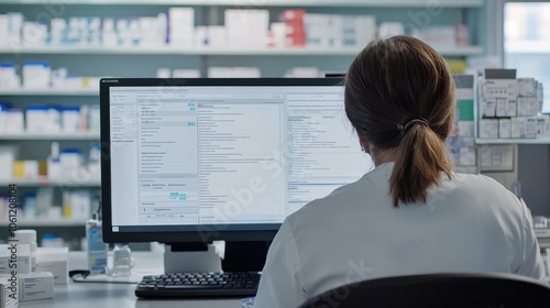 Wallpaper Mural Pharmacist Examining Prescriptions on Computer in Pharmacy Torontodigital.ca