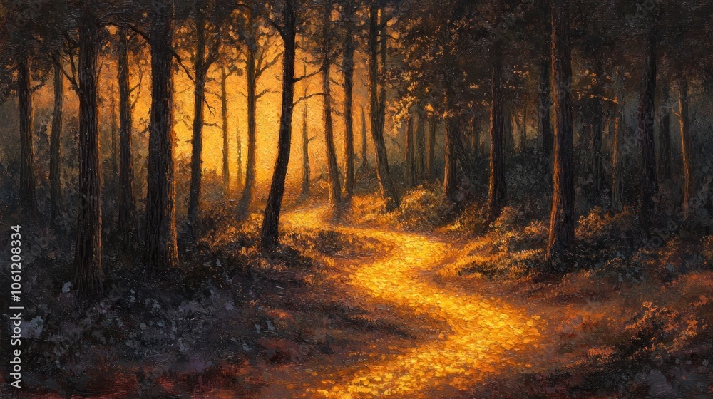 Fototapeta premium A serene forest path illuminated by golden light, inviting exploration and tranquility.