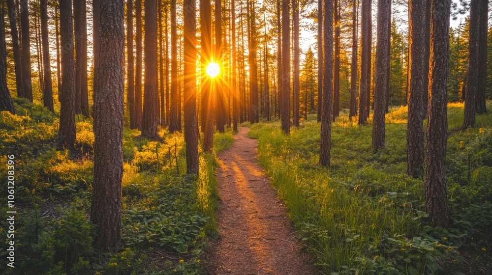 Fototapeta premium A serene forest path illuminated by a sunset, inviting exploration and tranquility.