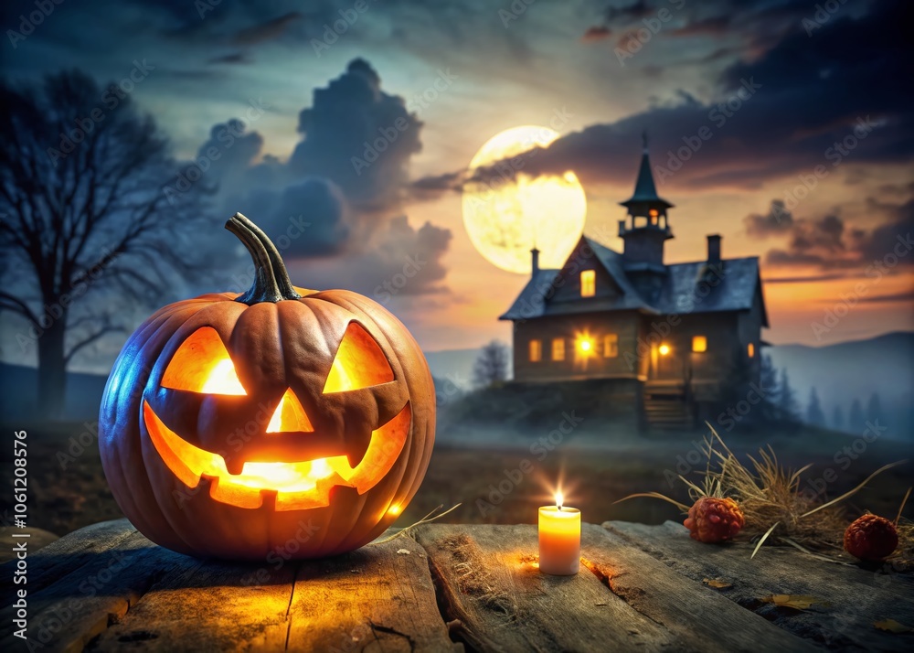 Illuminated Jack-o'-Lantern with Spooky Haunted House | Minimalist Halloween Photography, Fall Decor, Eerie Atmosphere, Nighttime Scene, Pumpkin Carving, Autumn Vibes, Scary Themes Illuminated Jack-o'-Lantern with Spooky Haunted House | Minimalist Halloween Photography, Fall Decor, Eerie Atmosphere, Nighttime Scene, Pumpkin Carving, Autumn Vibes, Scary Themes