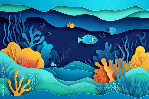 World Oceans Day paper cut sea background. paper craft summer poster for help sea ecosystem. Vector cartoon illustrations underwater ocean coral reef with waves fish and seaweeds concept