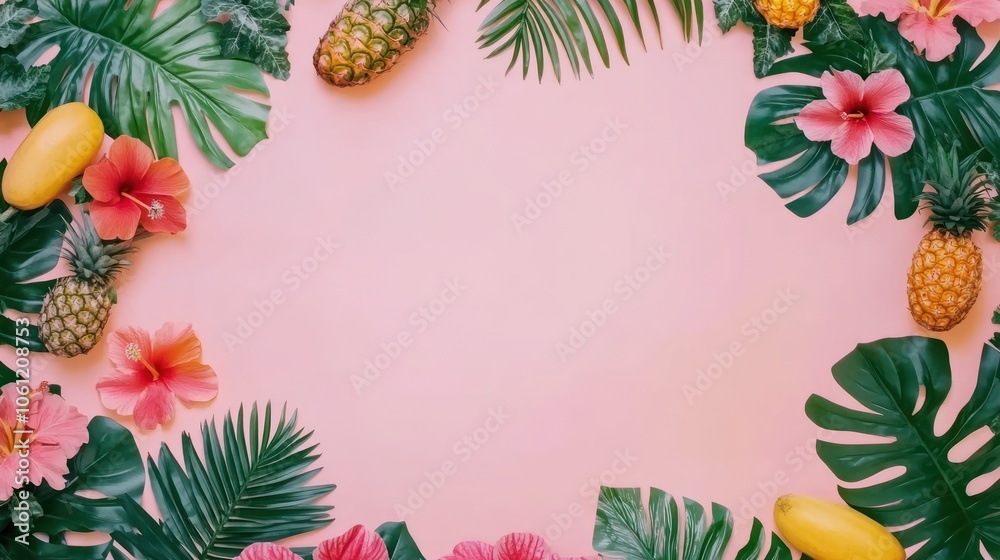Tropical-themed flat lay with fruits and flowers on a pink background. Tropical-themed flat lay with fruits and flowers on a pink background.