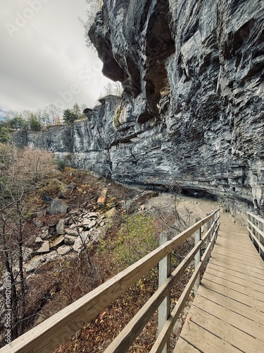 Indian Ladder trail, along the Helderberg Escarpment. Thacher State Park has world renown fossil-bearing formations and provides scenic vista mountain and valley views. Climb among rocks, caves, paths photo