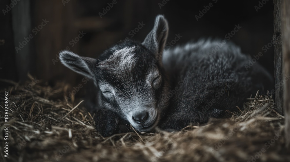A sleeping goat kid nestled in straw, exuding warmth and tranquility. A sleeping goat kid nestled in straw, exuding warmth and tranquility.