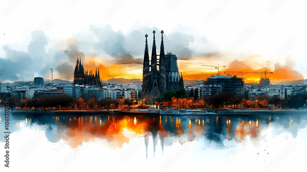 Fototapeta premium Cityscape Watercolor Illustration with Sunset Reflections