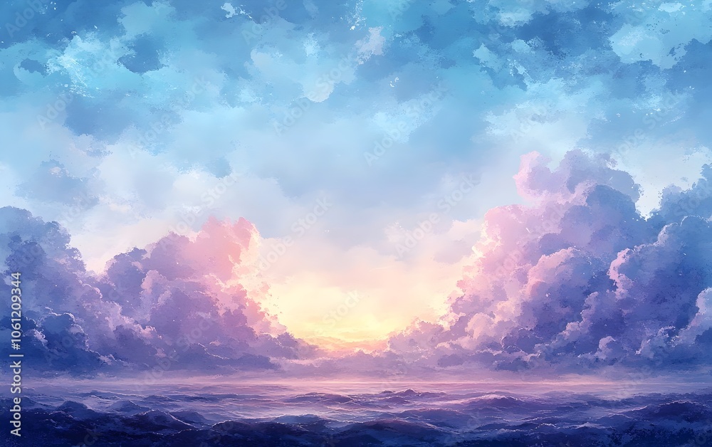 A breathtaking sunset over the ocean, with vibrant hues of blue, pink, and purple reflecting on the clouds and water, creating a serene and tranquil atmosphere. A breathtaking sunset over the ocean, with vibrant hues of blue, pink, and purple reflecting on the clouds and water, creating a serene and tranquil atmosphere.