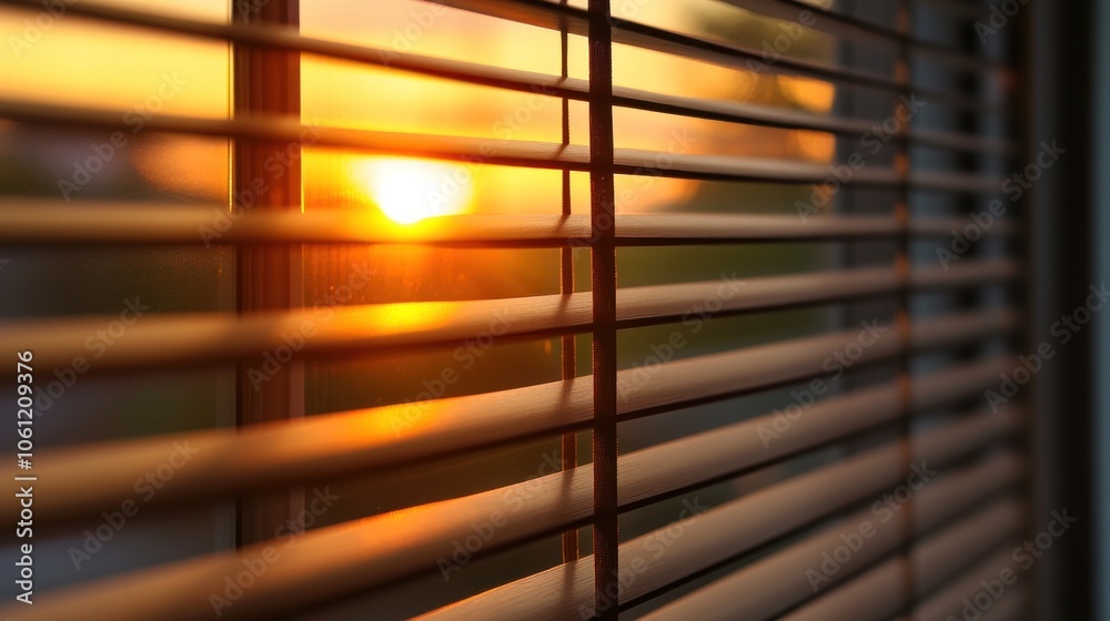 A sunset viewed through horizontal blinds, casting warm light into the room. A sunset viewed through horizontal blinds, casting warm light into the room.