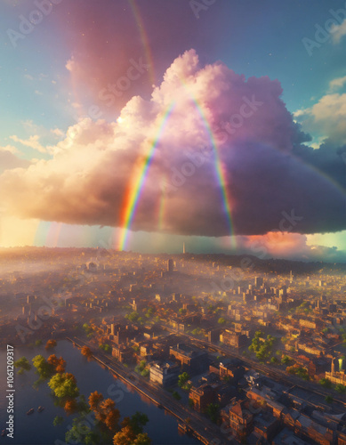 Rainbow on a city floating on clouds, sharp focus, trending on artstation, cinematic lighting, hyper realism, octane render, 8 k, hyper detailed.