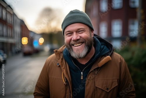 Portrait of a smiling bearded man in a warm coat and hat