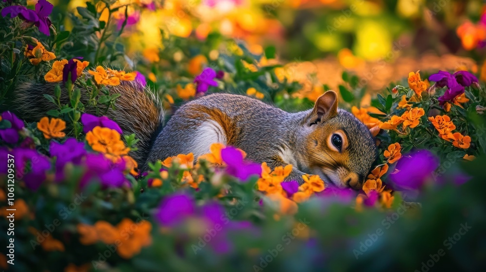 A squirrel resting among vibrant flowers, blending with nature's colors. A squirrel resting among vibrant flowers, blending with nature's colors.
