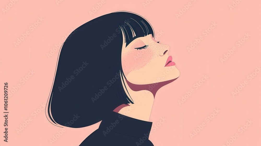 A stylized illustration of a woman with a bob hairstyle, eyes closed, exuding tranquility against a soft pink background. A stylized illustration of a woman with a bob hairstyle, eyes closed, exuding tranquility against a soft pink background.