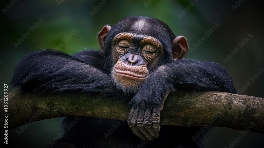 A serene chimpanzee resting on a branch with eyes closed in a lush green environment. A serene chimpanzee resting on a branch with eyes closed in a lush green environment.