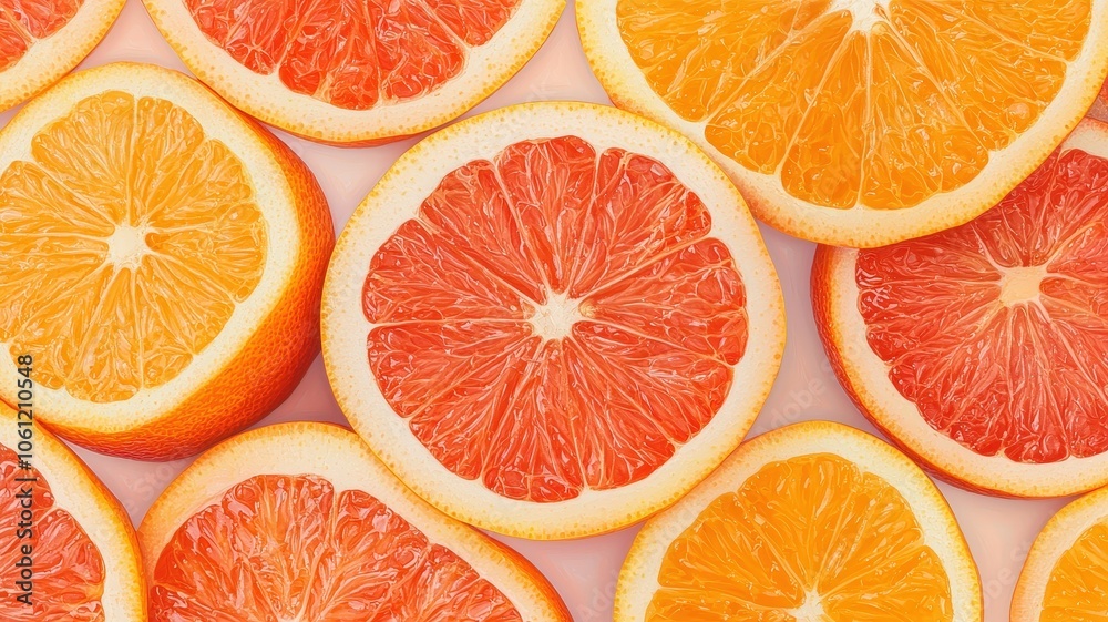 Fresh, vibrant slices of oranges and grapefruits, showcasing their juicy textures and bright colors against a light background. Fresh, vibrant slices of oranges and grapefruits, showcasing their juicy textures and bright colors against a light background.