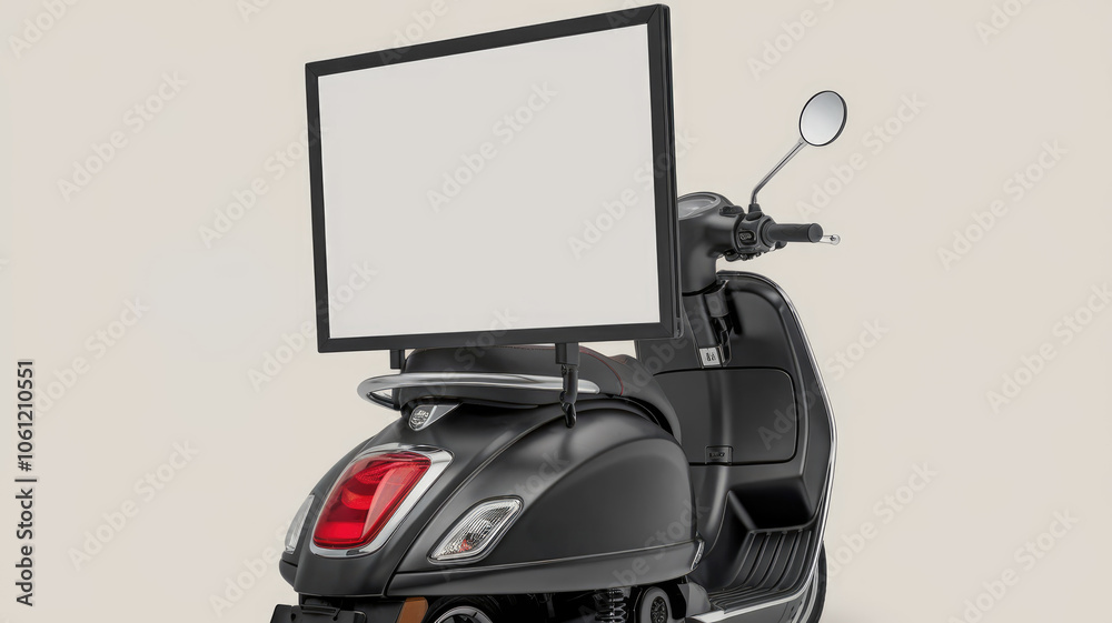 Fototapeta premium A black scooter with a large white screen mounted on the back. The screen is blank, but it could be used for advertising or displaying information. The scooter is parked on a white background