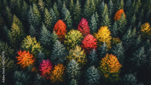 Aerial view of a vibrant forest showcasing autumn colors among evergreen trees.