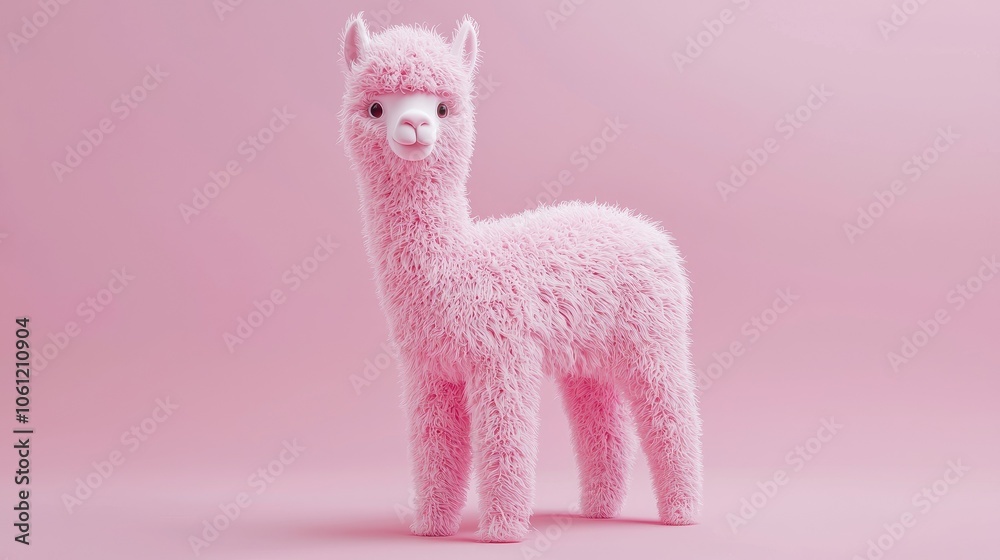 Cute pink alpaca toy with fluffy texture on a soft pink background