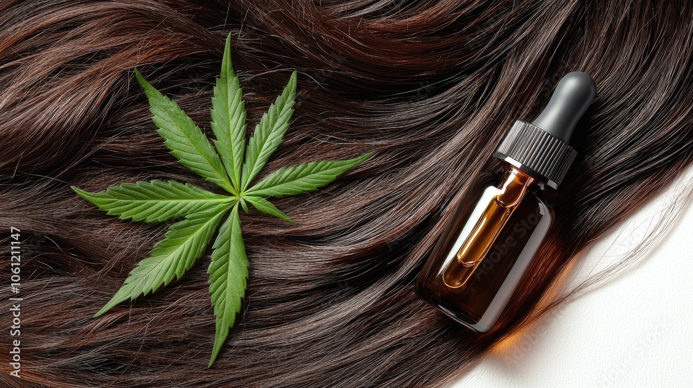 Naklejka premium Hair oil bottle with cannabis leaf on long, dark hair arranged on white background.
