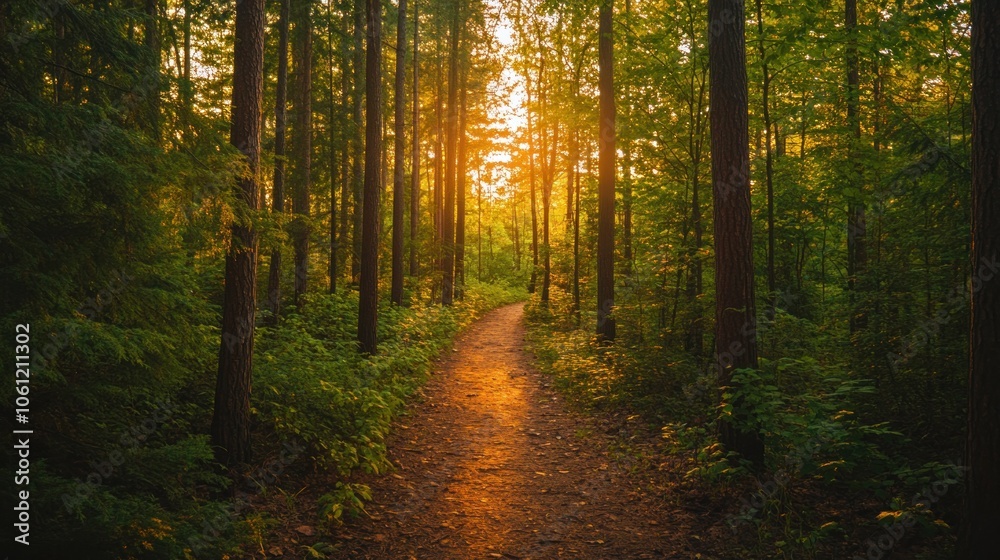 Fototapeta premium A serene forest path illuminated by warm sunlight, inviting exploration and tranquility.
