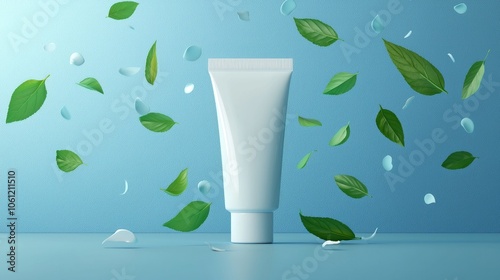 Skincare tube with leaves, floating on blue background. photo