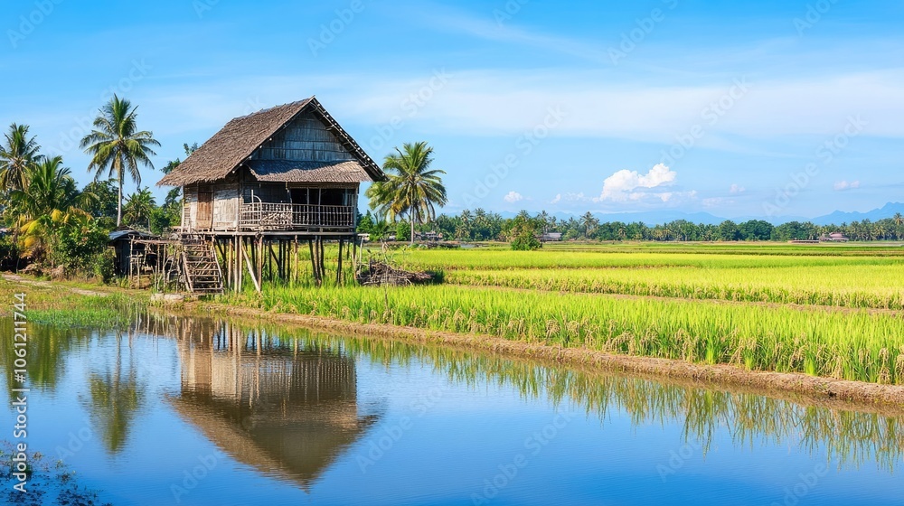 Serene Rustic House by Rice Field and Water Reflection Serene Rustic House by Rice Field and Water Reflection