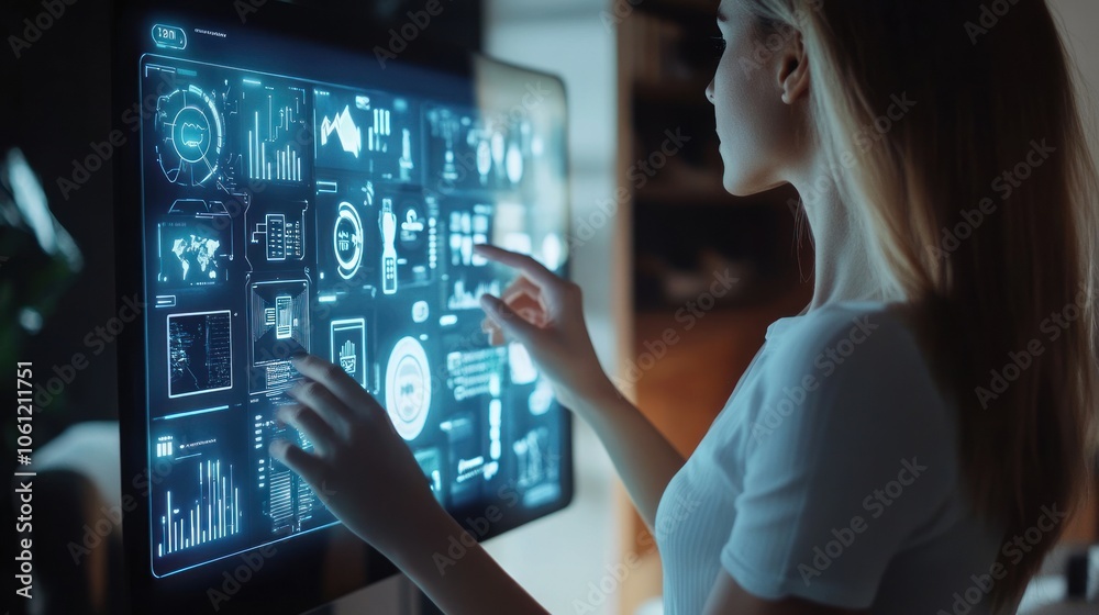 A person interacting with a futuristic touchscreen display showcasing data and analytics.
