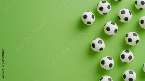 A collection of small soccer balls on a vibrant green background.