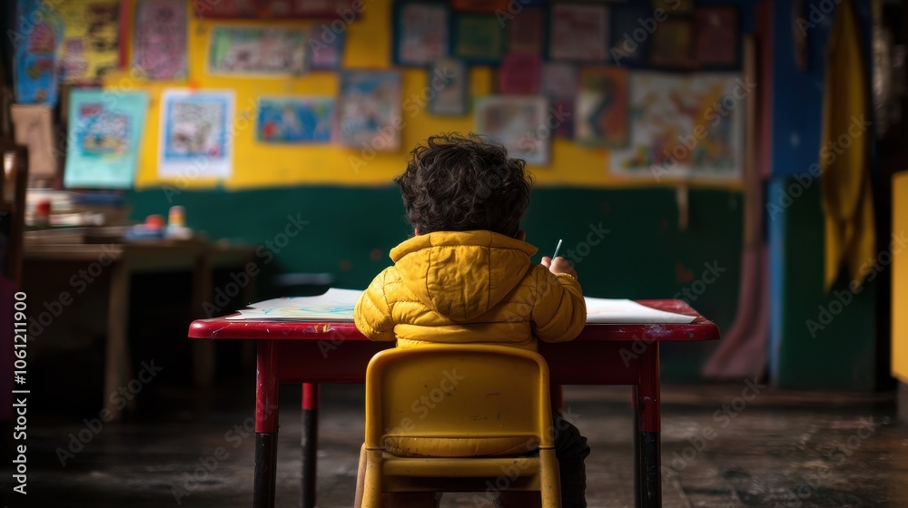 Thoughtful Student in Colorful Classroom Thoughtful Student in Colorful Classroom