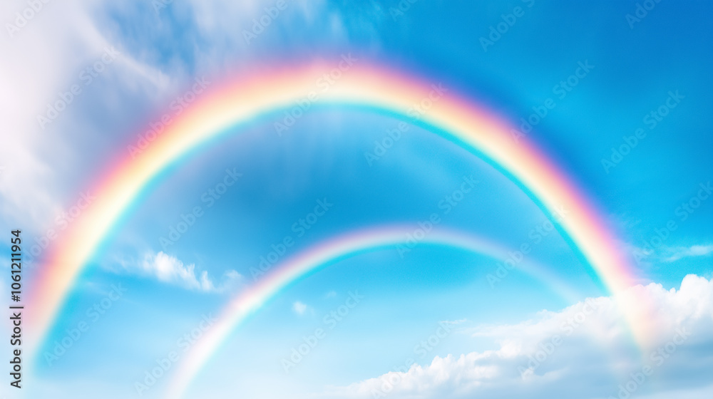 A double rainbow arcs over a serene landscape under a bright sky, adding wonder to nature's beauty A double rainbow arcs over a serene landscape under a bright sky, adding wonder to nature's beauty