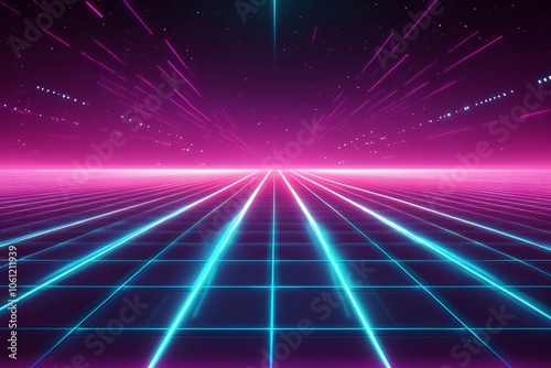 Futuristic retro landscape. Digital cyber surface with neon light grid. Cyberspace or metaverse. Technology, ai and vr concept. Virtual reality. 80s and 90s retrowave, synthwave, vaporwave style