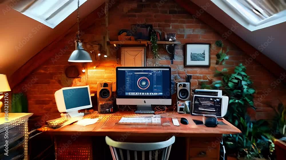Cozy attic home office with a wooden desk, chair, computer, and plants. Cozy attic home office with a wooden desk, chair, computer, and plants.