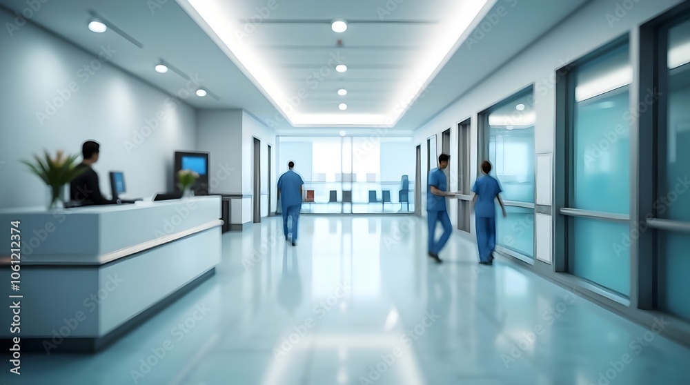 bright hallway in a modern hospital, clean and well-lit hospital corridor with a reception desk in the foreground long, with a reception desk and a few people walking with copy space bright hallway in a modern hospital, clean and well-lit hospital corridor with a reception desk in the foreground long, with a reception desk and a few people walking with copy space