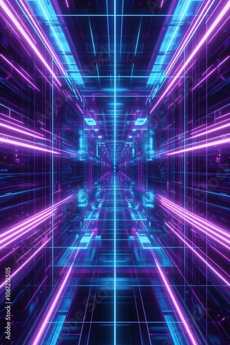 Futuristic retro tunnel or portal. Digital cyber surface with neon light grid. Cyberspace or metaverse. Technology, ai and vr concept. Virtual reality. 80s 90s retrowave, synthwave, vaporwave style