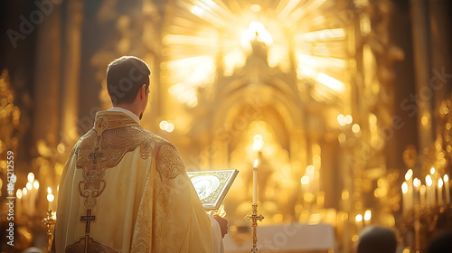 Priest in a Church Setting with Golden Altar and Candles